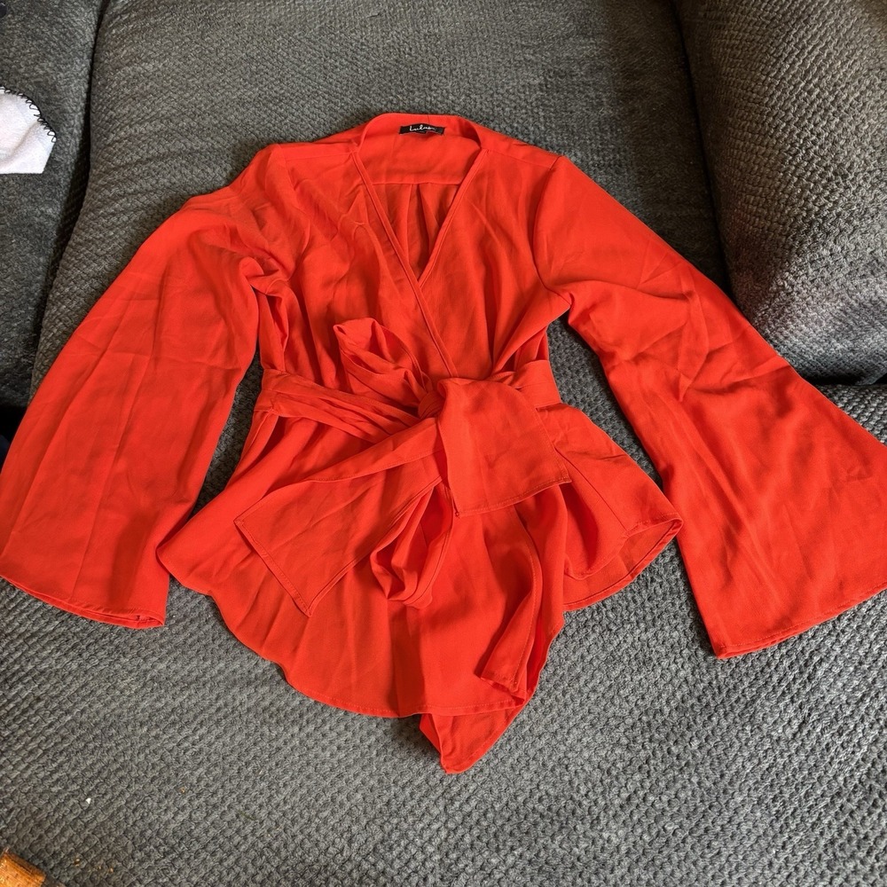 NEW Lulus Wrap Top Womens Medium Orange Flare Sleeve Boho V Neck Tie Top